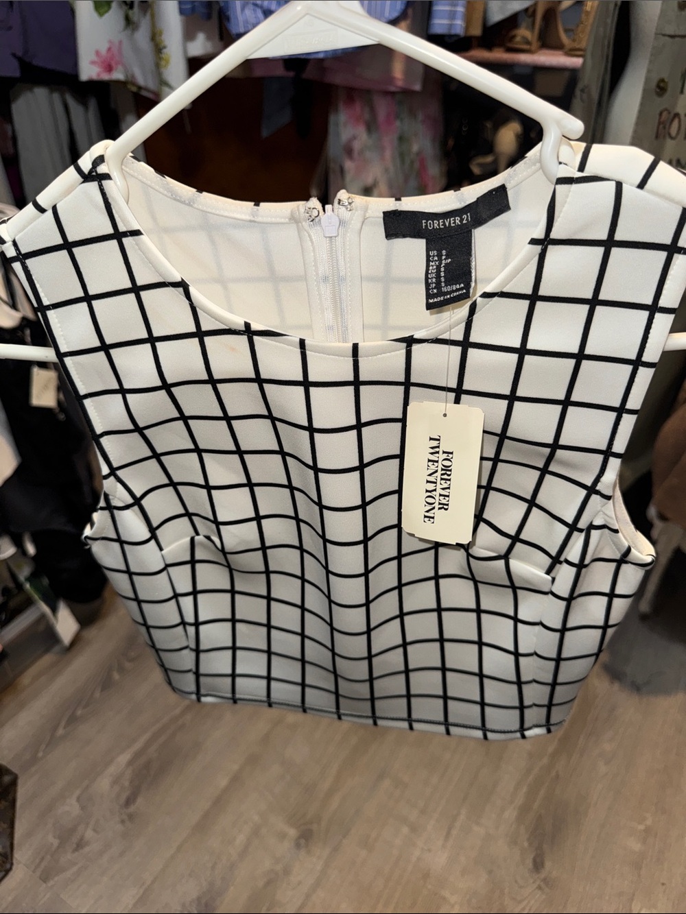 Forever 21 White Crop Tank with Black Grid Pattern